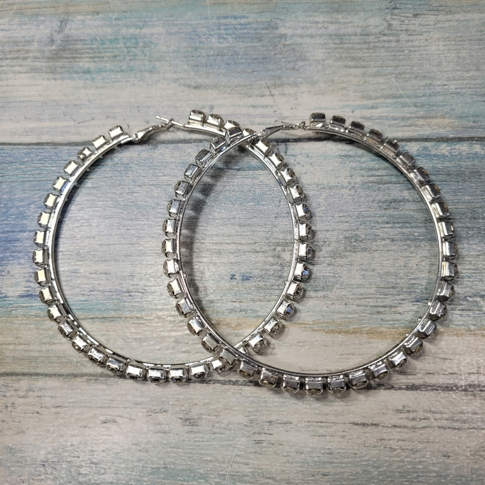 Big Rhinestones Silver Hoop Earrings